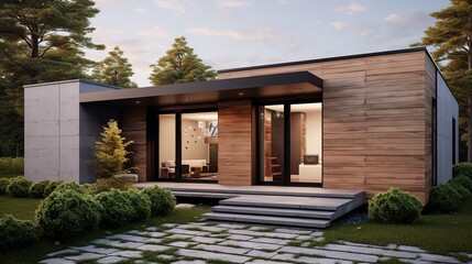 Modern small minimalist cubic house with wooden terrace and landscaping design front yard - obrazy, fototapety, plakaty