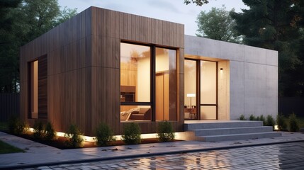 Fototapeta na wymiar Modern small minimalist cubic house with wooden terrace and landscaping design front yard