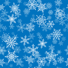 Christmas seamless pattern of beautiful complex snowflakes in blue and white colors. Winter background with falling snow
