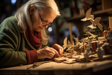 In a workshop filled with woodworking tools, a woman sands and polishes a handcrafted wooden toy, destined to become a cherished Christmas gift. 
