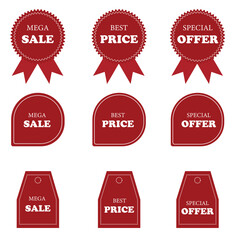 Set of red starburst, sunburst badges. Simple flat style vintage labels, stickers with sale discount text. Sale quality tags and labels. Template banner shopping badges