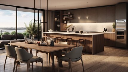 3D Rendering Showcasing a Dining Area in a Modern Kitchen within a Lavish Apartment.