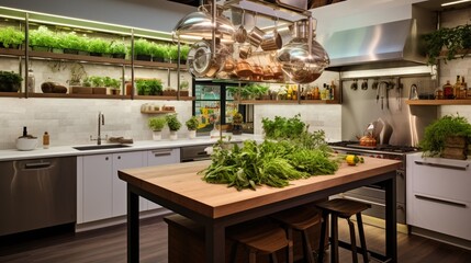 A chef-inspired kitchen complete with a personalized spice rack and an embedded herb garden.