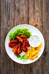 Buffalo wings with ranch dressing and French fries on wooden table
