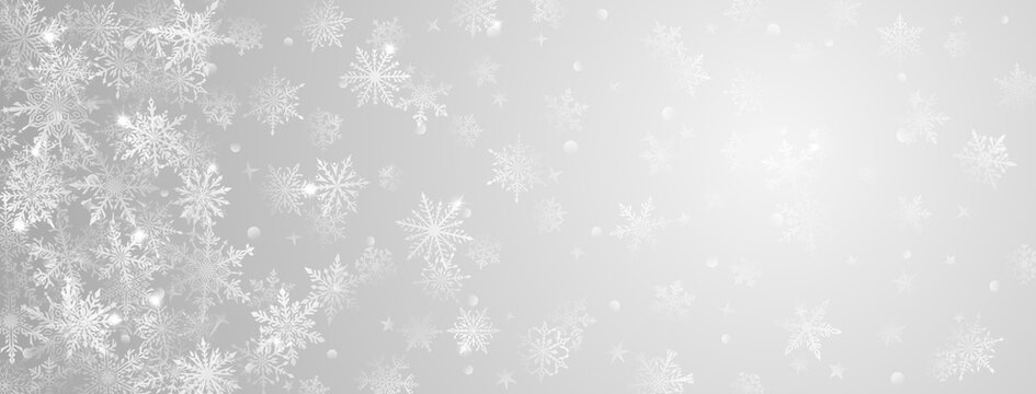 Christmas background of beautiful complex big and small snowflakes in gray colors. Winter illustration with falling snow