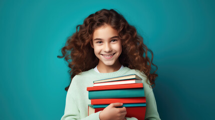 Happy schoolgirl around 15 years old holding books, minimal background, educational concept  