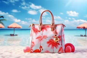 Woman bag at beach with accessories and cute flamingo on a tropical beach. Summer holiday vacation.