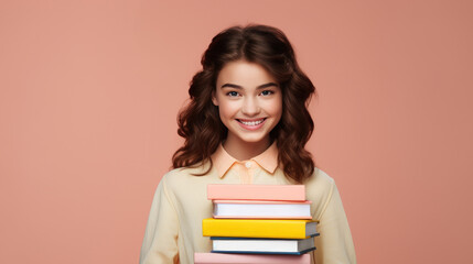 Happy schoolgirl around 15 years old holding books, minimal background, educational concept  