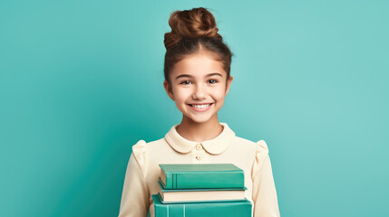 Happy schoolgirl around 15 years old holding books, minimal background, educational concept  