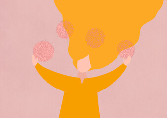 Woman multitasking work and life balance, busy lifestyle concept. Happy woman illustration