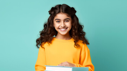 Happy schoolgirl around 15 years old holding books, minimal background, educational concept  