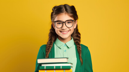 Happy schoolgirl around 15 years old holding books, minimal background, educational concept  
