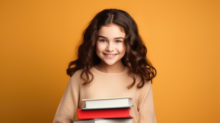Happy schoolgirl around 15 years old holding books, minimal background, educational concept  