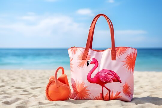 Woman bag at beach with accessories and cute flamingo on a tropical beach. Summer holiday vacation.