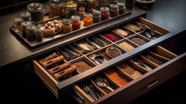 A chef's gastronomic realm equipped with a personalized utensil drawer and integrated spice organizers.