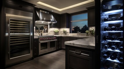 A chic kitchen with a built-in wine cooler and sophisticated under-cabinet lighting.