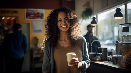 Urban Morning Bliss - Young Woman Enjoying Coffee in a Trendy Cafe