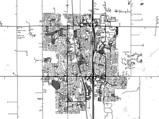 Greyscale vector city map of  Airdrie Alberta in Canada with with water, fields and parks, and roads on a white background.