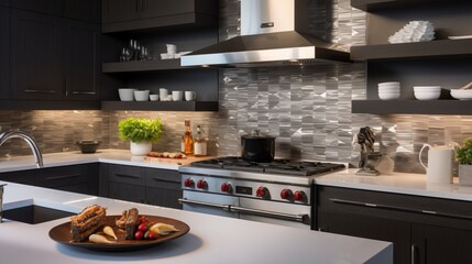 A contemporary cooking area showcasing a daring tile backsplash and distinctive fixtures.