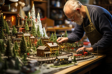 In a room filled with the hum of machinery, a man carefully assembles a vintage model train set,...