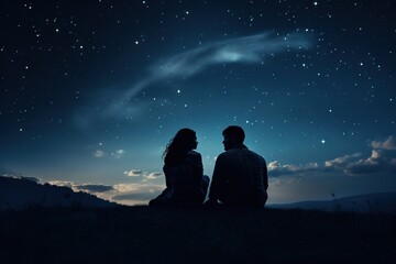 romantic couple silhouetted against the night sky - obrazy, fototapety, plakaty