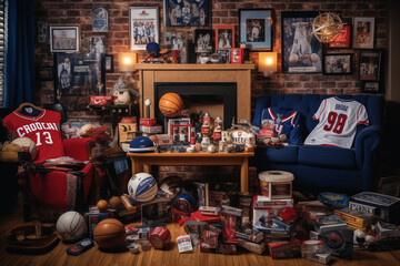 In a cozy den adorned with sports memorabilia, a man assembles a collection of tickets and merchandise, creating a sports-themed gift basket for a dedicated fan.  - obrazy, fototapety, plakaty