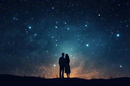 romantic couple silhouetted against the night sky