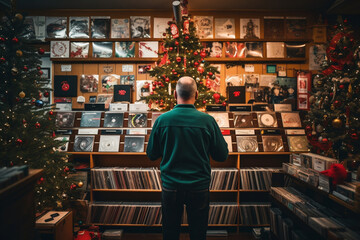 A man stands amidst shelves of vintage vinyl records, carefully selecting a curated playlist of records as a nostalgic and meaningful Christmas gift. 