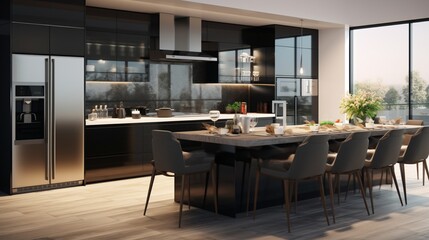 Fototapeta premium A contemporary kitchen with a glass backsplash and modern black appliances.