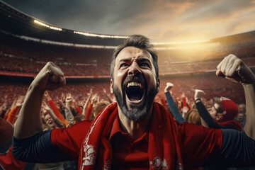 Fototapeta na wymiar photo of man The man enthusiastically cheered for his favorite soccer team at the stadium