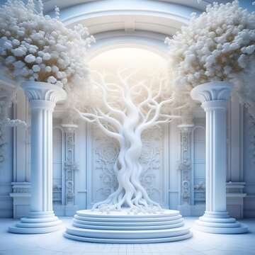 A white portal with a snow-white tree of life.