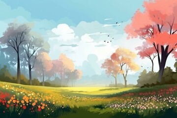 illustration of beautiful spring forest scenery with colorful flowers in the meadow. Generative AI