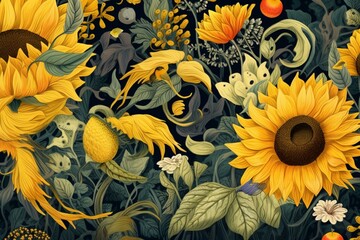 Illustration of surreal sunflowers and garden elements in yellow tones. Generative AI