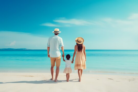 Happy family on the beach. Summer vacation travel.