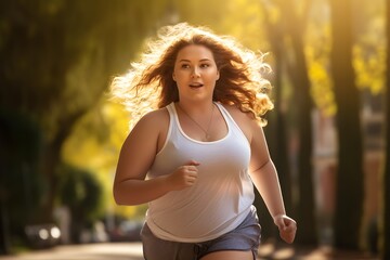 Overweight woman jogging in park. Weight loss for good health.