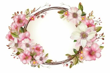 Vintage oval frame with spring flowers and cherry wreath on transparent background. Generative AI