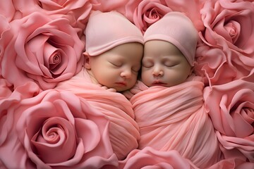 Twin newborn baby girls sleeping on pink rose fabric background. - obrazy, fototapety, plakaty