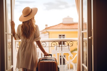 Tourist woman standing nearly window looking to view with her luggage in hotel. Holiday travel.