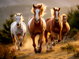 Wild stallions run free on a mountain landscape against sunset sky