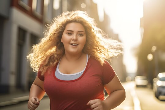 Overweight woman jogging in street. Weight loss for good health.