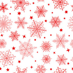 Christmas seamless pattern of beautiful complex red snowflakes on white background. Winter illustration with falling snow