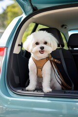 mini cute maltese bichon dog sitting at back of car ready for travel 