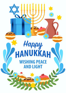 Vector illustration of Hanukkah decorative symbols and graphics for banner or greeting card