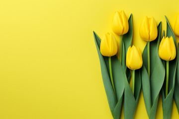 Minimal yellow spring background with yellow tulips