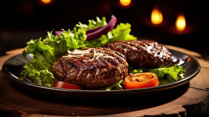 Grilled meat burger patty served with fresh lettuce on a plate - obrazy, fototapety, plakaty
