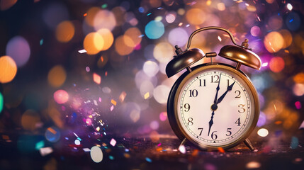 A New Year's countdown captured in a bokeh of flashing LED lights, confetti showers, and party horns, as the clock strikes midnight to welcome a fresh start. 