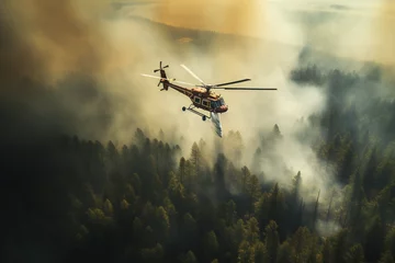 Papier Peint photo hélicoptère Fire fighting helicopter leaves water to the forest