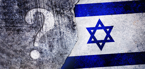 Israel vs Who ? concept, Flags of Israel and "?" question mark sign on concrete Grunge Wall Background