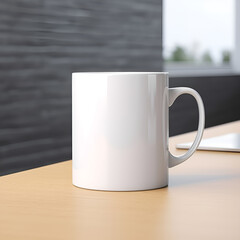 empty white cup on wooden table, cup, mug, white, single, Ai generated 