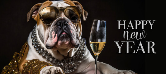New Year's Eve, Sylvester, Happy New Year party celebration greeting card with text - A funny bulldog dog with champagne glass, champagne cheers during a celebration, isolated on black background